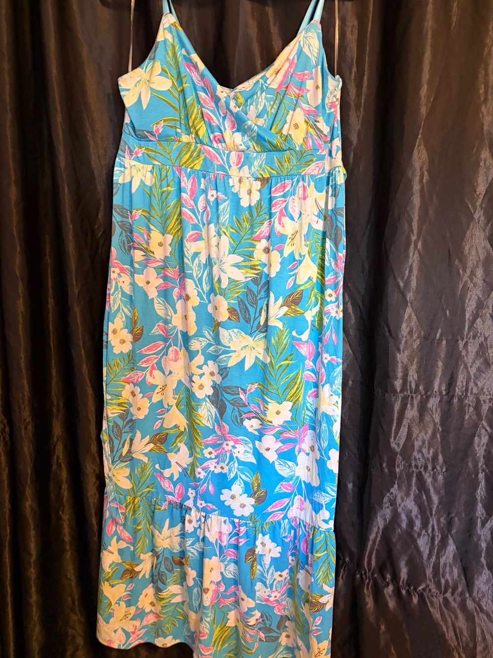 Tropical Blue Floral Maxi Dress with Spaghetti Straps